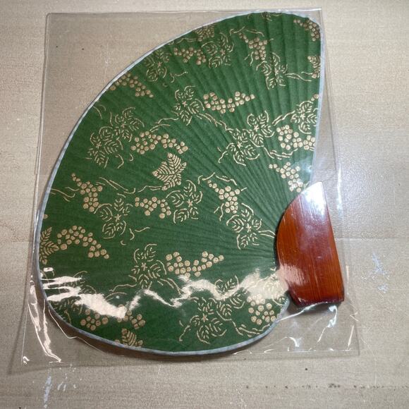 Mini Japanese Mikis Paper Chidori Uchiwa Fan Green Gold Wood Handle Kyosen Washi - Picture 1 of 8